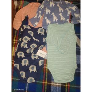 4 Pack Bodysuit Set Long Sleeve Elephants Giraffes or Stripes 3m